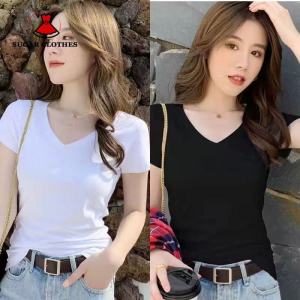 SUGAR Solid Color Slim Fitting V-neck Short Sleeved White T-shirt Womens Summer New Tight Round Neck Top