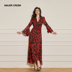 Retro Hong Kong Style Rose & Sea Waves Print Slim Fit & Flattering Flowy Long Dress
