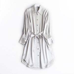Silky Three-acetate Satin Dress Womens Waist-cinching Slimming Long Sleeve Midi Dress Polo Collar Lantern Sleeve Irregular Hem