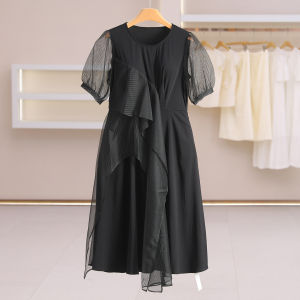 Lace Trim Short Sleeve Round Neck Sheer Dress