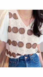 🔥 เสื้อคอวีแขนสั้นผ้าชีฟอง เย็บติดกับ เสื้อกั๊กผ้าทอ ติดกระดุมหน้า 🌟 NO.249 พร้อมส่งจากไทย ☆NEW☆