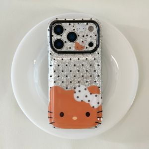 Sanrio | Black Polka Dot Hello Kitty Phone Case With Lanyard Shockproof Large Window Lens Protective Cover For iPhone 17 16 15 17 Pro Max