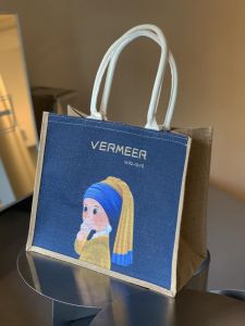 Large Capacity Original Artwork Handbag Yellow Linen Tote Bag Shopping Bag Work Use Shoulder Bag Soft Polyester Lining Foldable