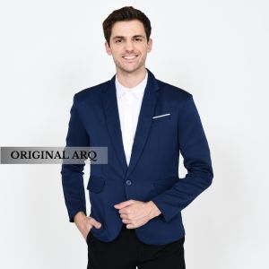 ARQ Jas Blazer Kasual Jas Pria Formal Kancing Satu Slim Fit Navy List Putih