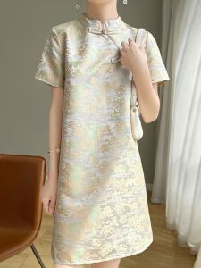 Embroidered Cheongsam Style Dress Short Sleeve