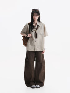 zuocisankon | Áo Sơ Mi Cổ Bẻ Màu Khối Plaid Tay Ngắn