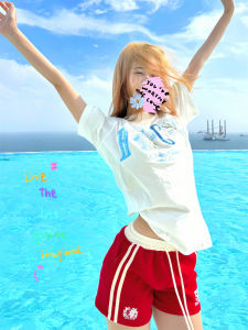 Red High-Waist A-Line Shorts Womens Fitness Dance Running Hot Pants Three-quarter Length Korean Style Straight Leg Pants