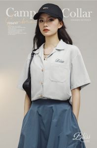 MADEN brand workwear style womens and youth 2024 summer new embroidered Cuban collar shirt loose design short sleeved niche casual top with layered thin shirt