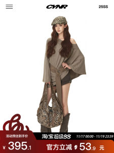 CYNR Original Design Long Lazy Style T-Shirt Shoulder Bared with Belt Casual Irregular Knitted Polyester Fiber Womens Top