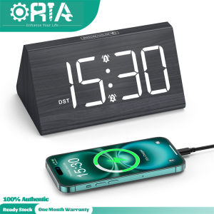ORIA Wooden Digital Alarm Clocks W/ Lamp 7 Inch Desk Clock with Large Numbers 12/24 Format USB Port Snooze DST Adjustable Volume and Brightness Coforful Night Light