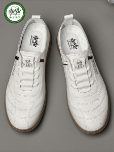 Hepu Mens Casual Leather Shoes Driving White Sneakers Comfortable Breathable Soft Leather round Toe Flat Heel Rubber Outsole