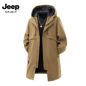 JEEP SPIRIT Men Hooded Jacket Windbreaker Drawstring Long Parka Autumn Cargo Casual Trench Coat