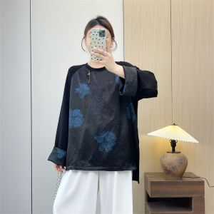 เสื้อฮู้ดผ้าฝ้ายอากาศยาวแขนสั้นผู้หญิงสไตล์เกาหลีหลวมๆ ลำลองใหม่สไตล์จีน พิมพ์ลาย ฤดูใบไม้ร่วง 2025 เสื้อผ้าทำงาน