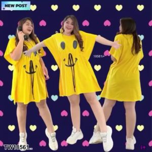 TW18561 เดรสสั้น #Bigsize แต่งข้างปีกค้างคาว สกรีนลาย ..