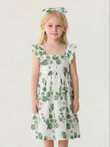 Marc&Janie | Green Leaf Pattern Silk Baby Dress For Summer
