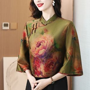 Silk Print Cheongsam Shirt Womens Chinese Style Button up Spring Autumn New National Style  Silk Blouse