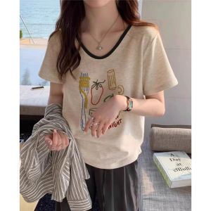 Retro American V-neck Short Sleeve T-shirt Womens Summer New Style White Grey Bamboo Cotton Slimming Design Top