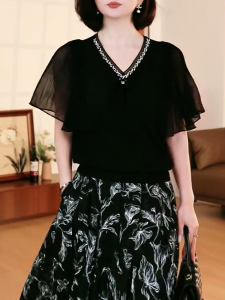 QINGNAER | Elegant Beaded V-Neck Short Sleeve Large Size Womens Blouse