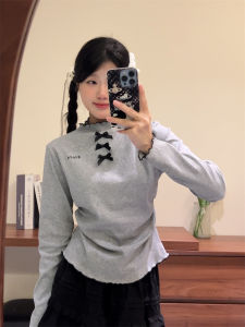 Three-Dimensional Bows Shoulder Base Long Sleeves Womens Unique Chic Wooden Ear Sweet Girl Style T-Shirt Early Autumn Top New Arrival