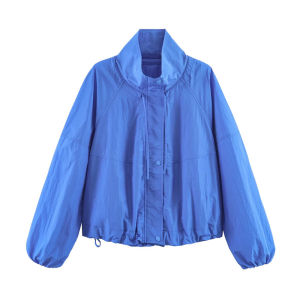 Womens Jacket 2026 Autumn New Style Blue Long-Sleeve Pleated Drawstring Decorative Nylon Loose Jacket Casual Fashion Versatile