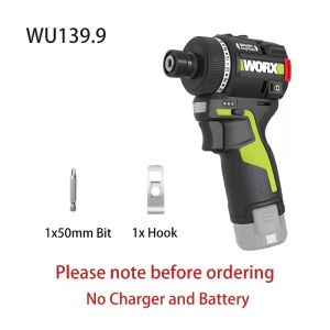Worx WU139 Cordless Screwdriver Dual Speed 50Nm 12v 1800rpm 18+1 Brushless Motor Adjust Torque Univeral Green 12V Battery Pack