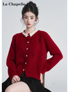 La Chapelle | Red Bow Lace Trimmed Knit Cardigan