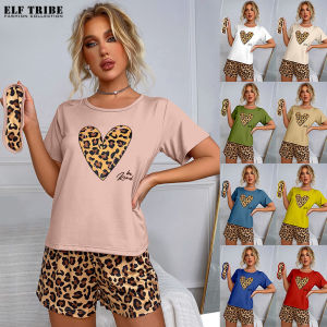 ELF TRIBE Euro-US ชุดนอนชุดใส่ในบ้านผู้หญิงแขนสั้นเสื้อยืดกางเกงขาสั้นพิมพ์ลายเสือดาวชุด2ชิ้นสบายๆเซ็กซี่