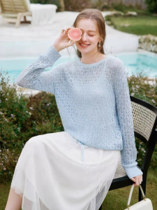 XIANGYING | Hollowed-out Round Neck Lightweight Long Sleeve Knit Top