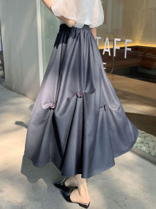 Elastic Waist Midi Skirt Spring Autumn Design Sense Asymmetrical Pleated Floral A-Line Mid-Length Skirt Versatile Commute Korean Style