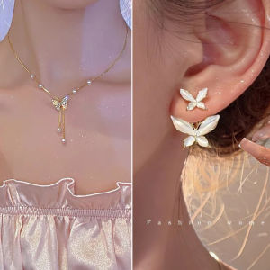 Butterfly Pearl Tassel Necklace 925 Silver Needle Butterfly Earrings Light Womens Necklace Earrings Jewelry Set