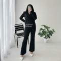 Deluna - Vior One Set Wanita - Setelan Atasan Kemeja Loose Oversize Lengan Panjang Dan Celana Cutbray Highwaist Bahan Knit Stretch Bawahan Kancing. 