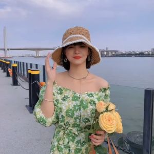 Mũ cói mềm vành rộng đính hạt sang chảnh cho nữ dễ dàng gấp gọn có dây rút điều chỉnh vòng đầu