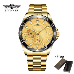 Original T-WINNER watch gold semi-skeleton blue stainless steel mens business sports automatic mechanical watch top brand luxury. Mens gifts