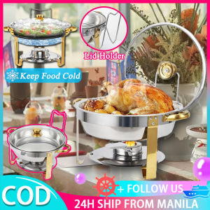 Round Chafing Dish Buffet Set Stainless Steel Food Warmers Display Food Heater Kitchen Insulation Stove Catering Supplies Hot Pot Alcohol Stove With Visible Glass Lid And Holder For Parties Wedding Catering