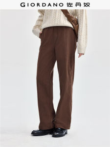 Giordano Corduroy Pants Womens Vintage Style Elastic Waist Casual Trousers Straight Leg Fit Polyester Fiber Commute Style