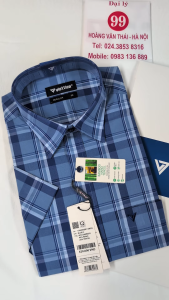 [Việt Tiến] Áo Sơ Mi Ngắn Tay - Regular (Suông) - Vạt Vuông - Kẻ ô màu xanh da trời