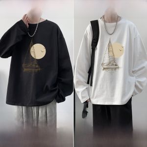 Pure Cotton Long Sleeve T-Shirt Mens Loose Fit round Neck Printed Base Shirt Spring Autumn Trendy Brand Casual Comfortable