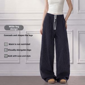 LIDIA | Dark Blue Striped Elastic Waist Wide Leg Draped Casual Pants
