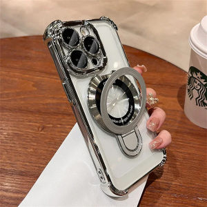 Luxury Plating Shockproof Magnetic Bracket Magsafe Clear Phone Case for OPPO Reno 13 5G 13 Pro 12 11 10 Pro Plus + 8 8T 4G 7 5 5Z Camera Protection Silicone Cover With Holder Stand Casing