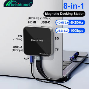 Kebidumei 8 in 1 Magnetic Hub USB C Docking Station Type C to HDMI 4K60Hz Adapter USB A 3.2 10Gbps PD100W USB Hub Splitter for PC Laptop