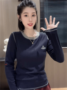 Long Sleeve Embroidered Letter T-Shirt Womens Casual Style Standard Fit Comfortable Soft Chinese Production round Neck Top