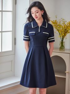 WANGGONGZHU | Princess Style Polo Collar Midi Dress Women Summer Short Sleeve Color Block A-Line Skirt Korean Fashion Commute Zipper Waist