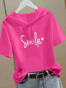 Rose Red Short Sleeve Hoodie Womens Hooded Loose Pure Cotton 2023 New Arrival Summer K-style Ins Half Sleeve Hooded T-shirt Tops