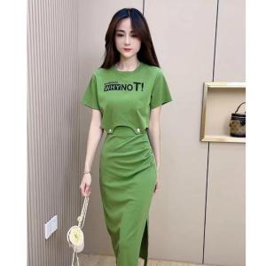 Heat Belle Summer 2024 Womens Fashion Letter Printed Long Slim Fit Open Split Two-Piece Set Trendy Female Outfit