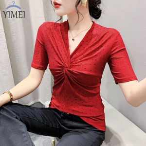 YIMEI Short sleeved design sparkling and shiny top womens 2023 summer new fashionable temperament hot diamond top slim fit slim V-neck pink T-shirt