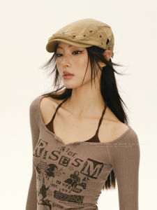 Retro American สีกากี หมวกบักเก็ตสําหรับผู้หญิง Rivet อินเทรนด์ สตรีทแวร์ Millennial Spicy เด็กผู้หญิง หมวกเบเร่ต์ลำลอง โดม ผ้าฝ้าย