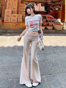 กางเกงโยคะทรงหลวมเอวสูงผ้าถักสีชมพู กางเกงขายาวลำลองทรงสลิมฟิตสำหรับผู้หญิงในช่วงฤดูร้อน กางเกงขายาวทรงหลวมเอวสูงแบบลำลอง