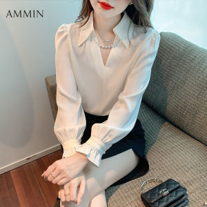 AMMIN Áo Voan Có Ve Áo Công Sở Thường Ngày Thời Trang Dài Tay Mùa Thu Mới Cho Nữ Áo Voan Tay Lá Sen Cho Nữ Áo Voan Có Dây Ngọc Trai Cổ Chữ V Phong Cách Hàn Quốc