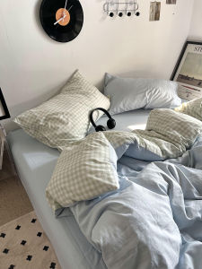 Ins Salted Blue And Green Plaid Cotton Washed Bedding Set Quilt Cover Sheet Three-Piece Set Full Cotton Mixed Four-Piece Set