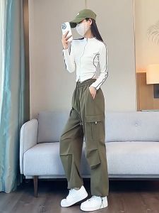 Ginza6 Stretchable Parachute Pants American Retro Tooling Casual Wide Leg Cargo Trouser Pants High Waist for Women 1998#